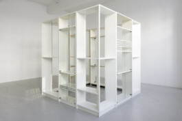 METOD, 2025. Chipboard, paper foil, plastic edging, paint, metal, glass, 202 × 202 × 202 cm