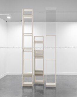  Pondus, 2025. Chipboard, paper foil, plastic edging. 304 × 40 × 28 cm; Patina, 2025. Chipboard, paper foil, plastic edging. 202 × 40 × 28 cm; Ecco, 2025. Chipboard, paper foil, plastic edging, perspex case. 308 × 40 × 28 cm.
