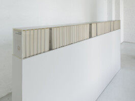  Die formelle Zitierung, 2025. 64 ‘Nobelpreis für Literatur’ books (1901–1970, published by Coron-Verlag, Zurich), plinth, perspex hood 130 × 273,5 × 18,5 cm